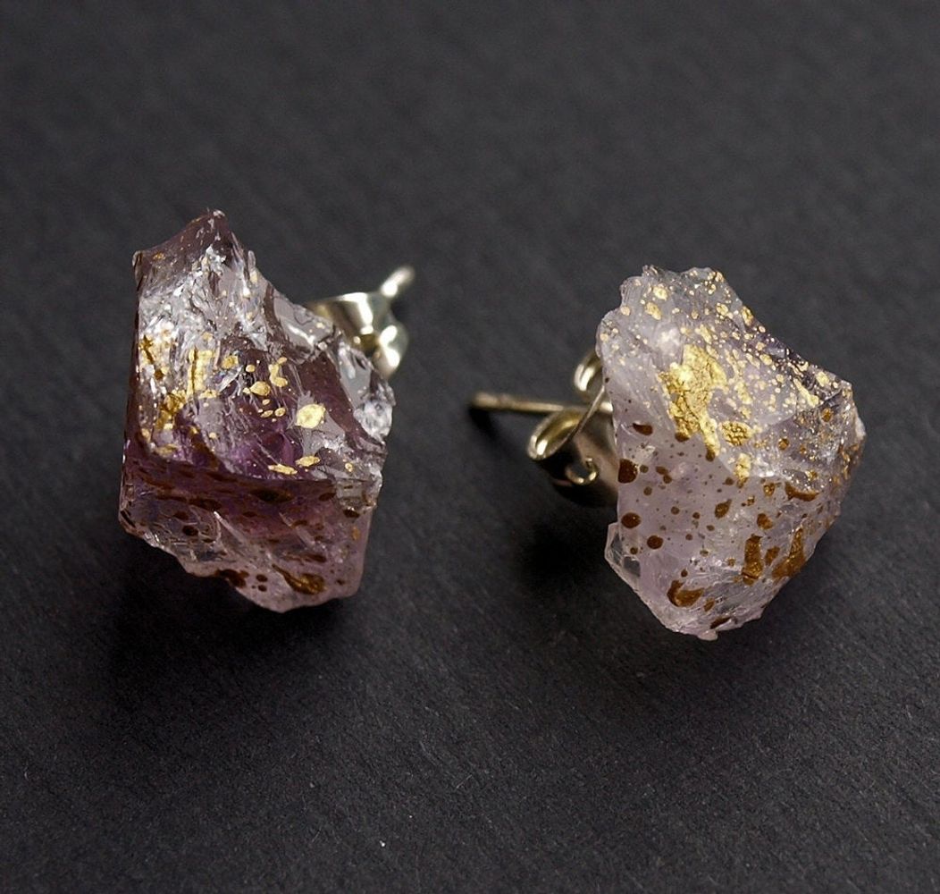 Gold Splatter & Raw Amethyst Earrings