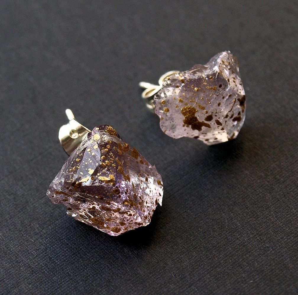 Gold Splatter & Raw Amethyst Earrings