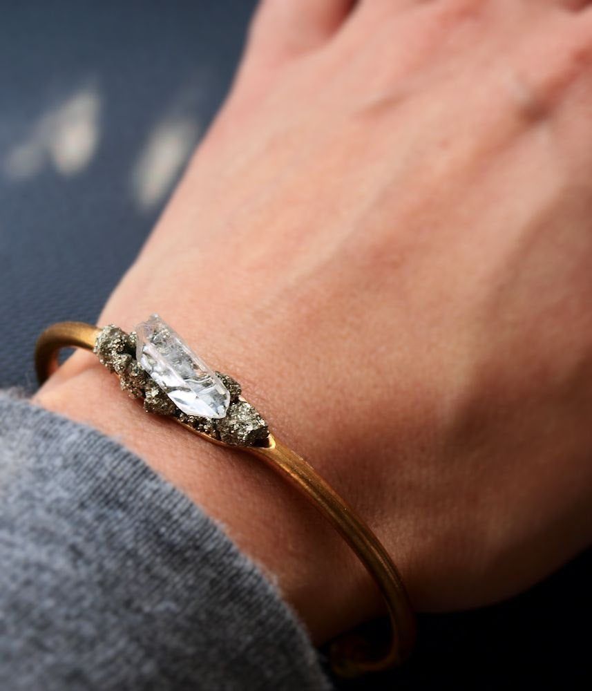 Pyrite and Quartz Gold Bangle