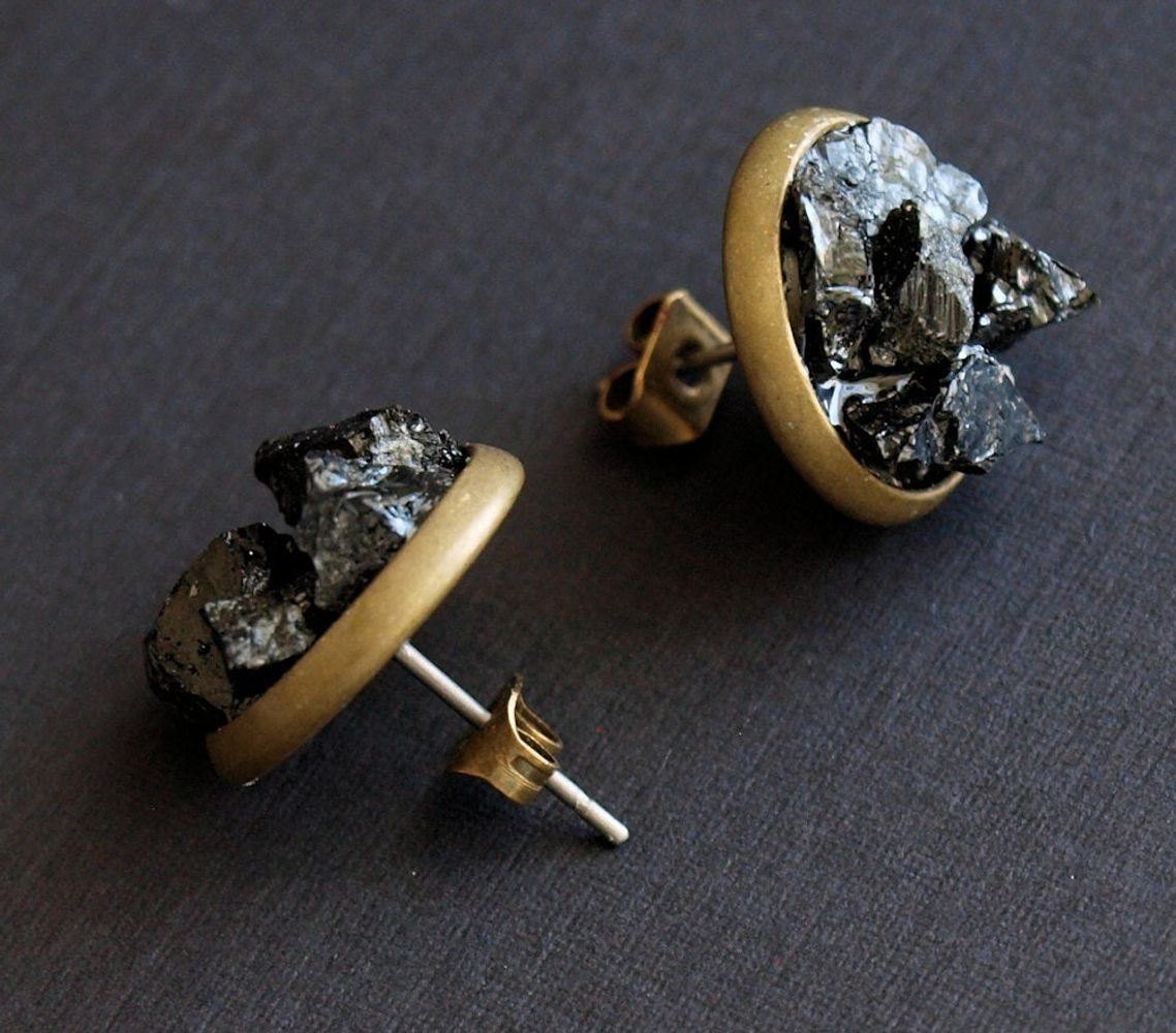 Raw Black Tourmaline Cluster Stud Earrings