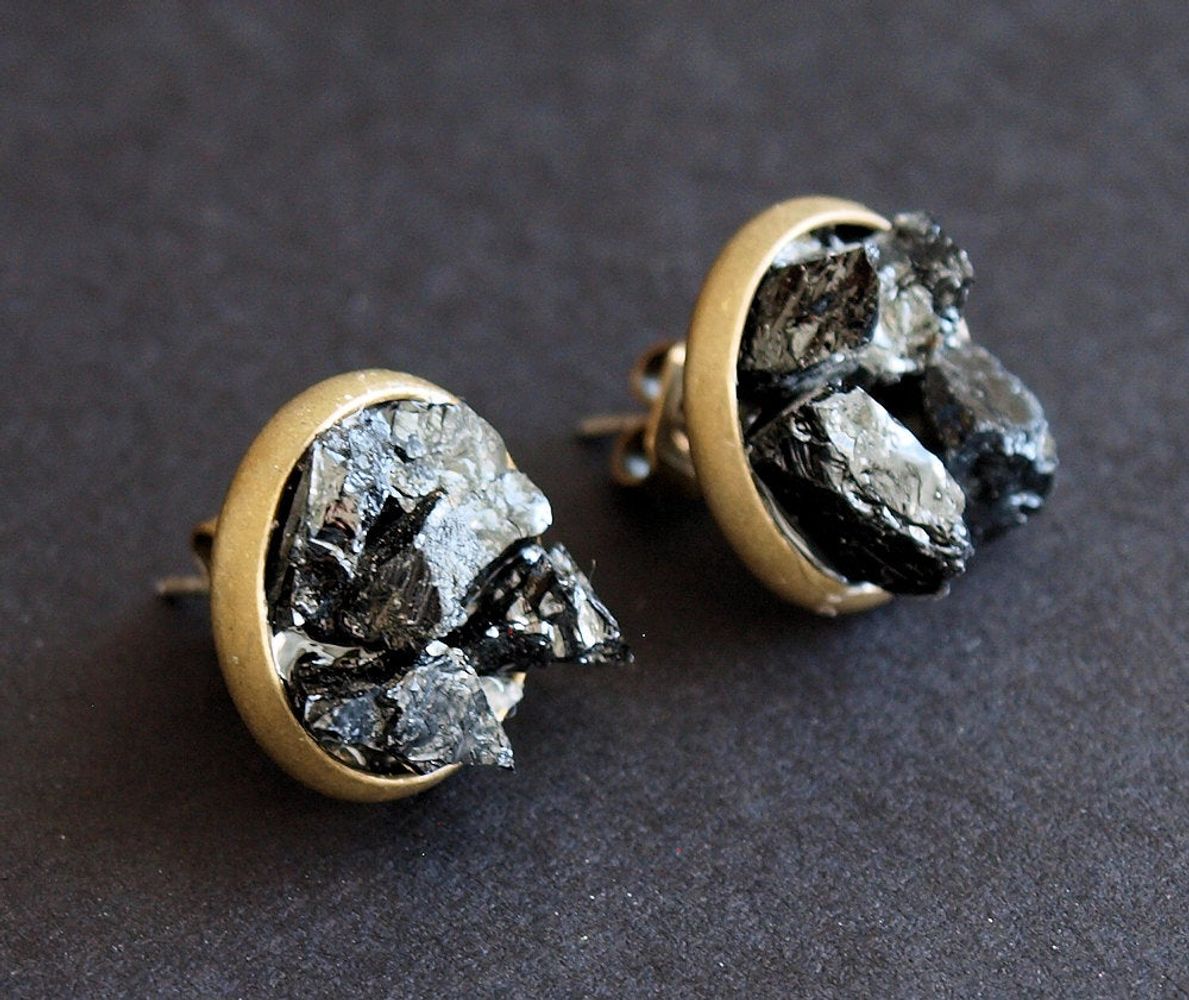 Raw Black Tourmaline Cluster Stud Earrings