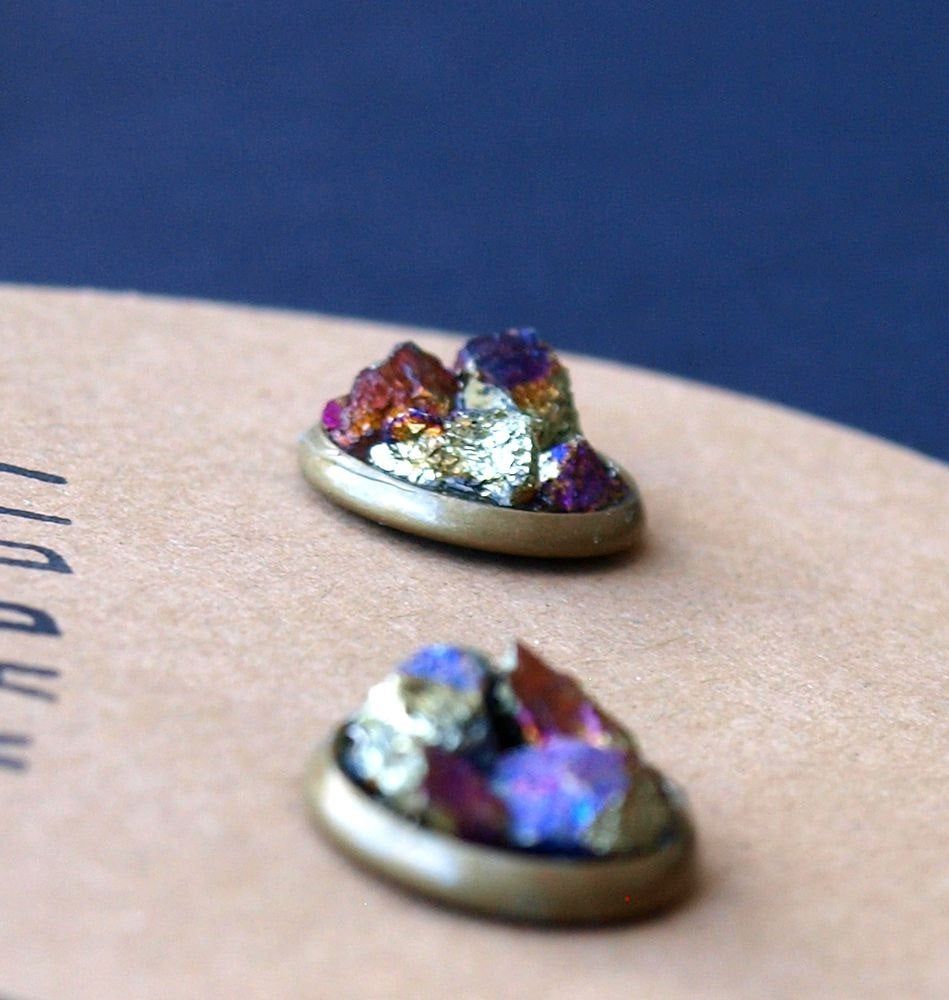 Raw Peacock Ore Cluster Stud Earrings