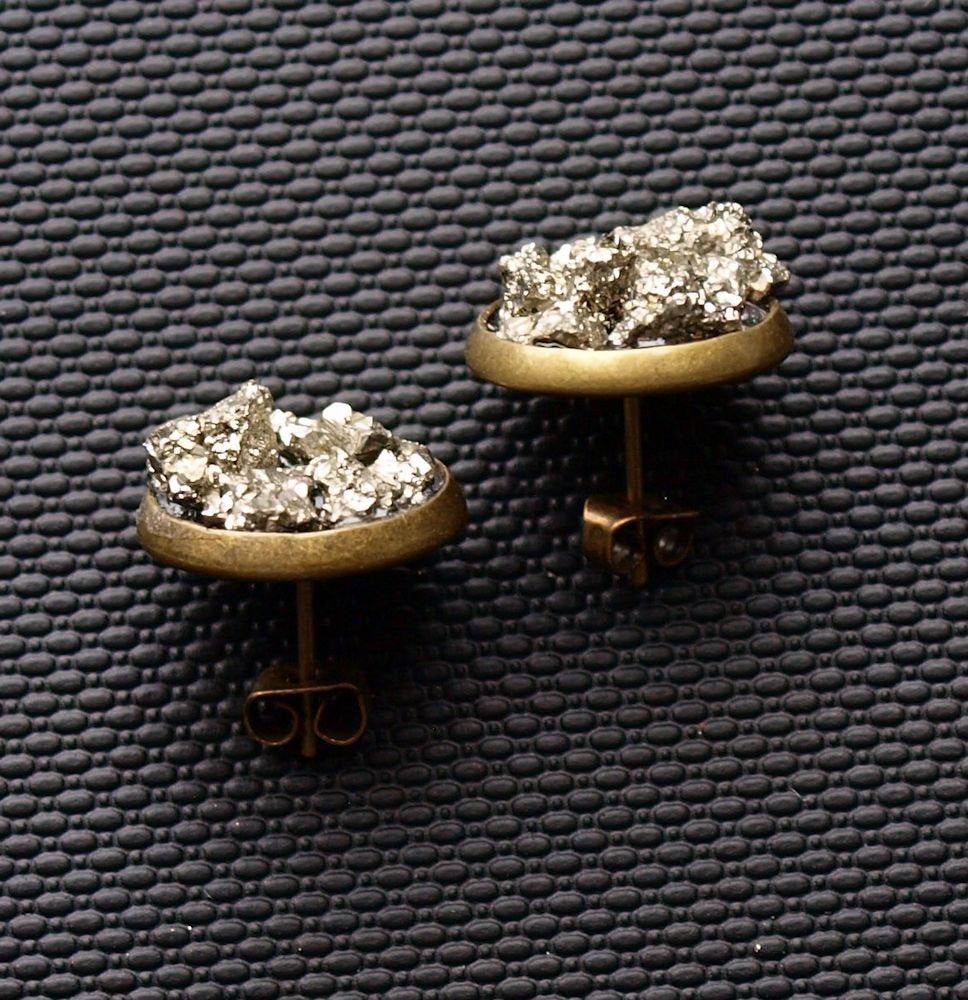 Raw Pyrite Cluster Stud Earrings