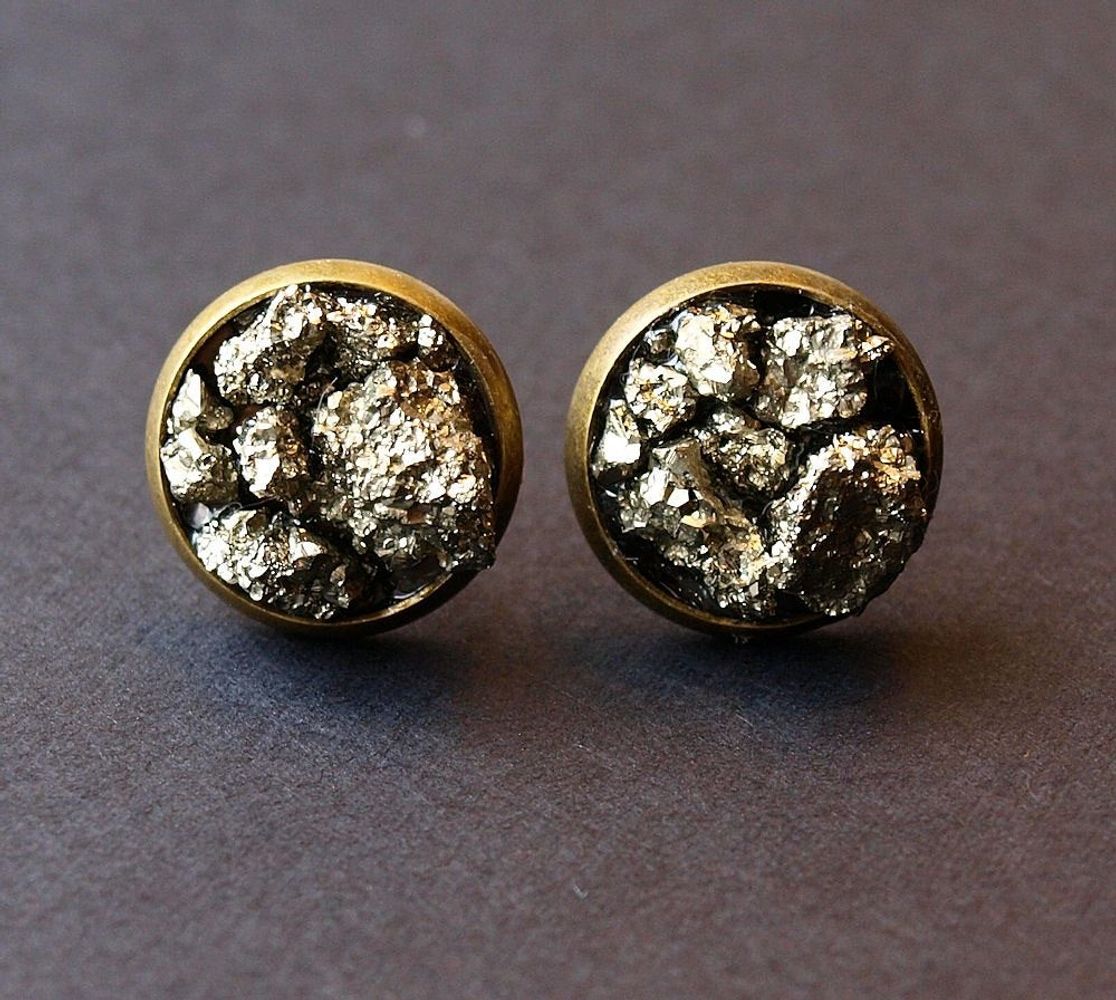 Raw Pyrite Cluster Stud Earrings