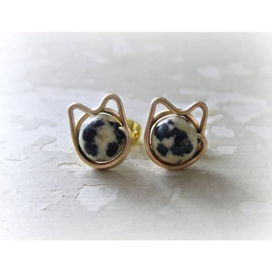 Dalmatian Jasper + Gold Cat Stud Earrings