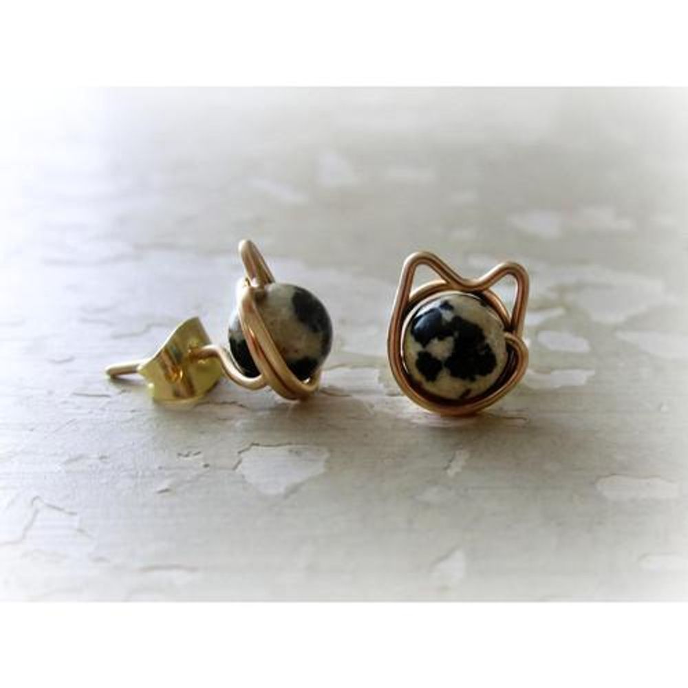 Dalmatian Jasper + Gold Cat Stud Earrings